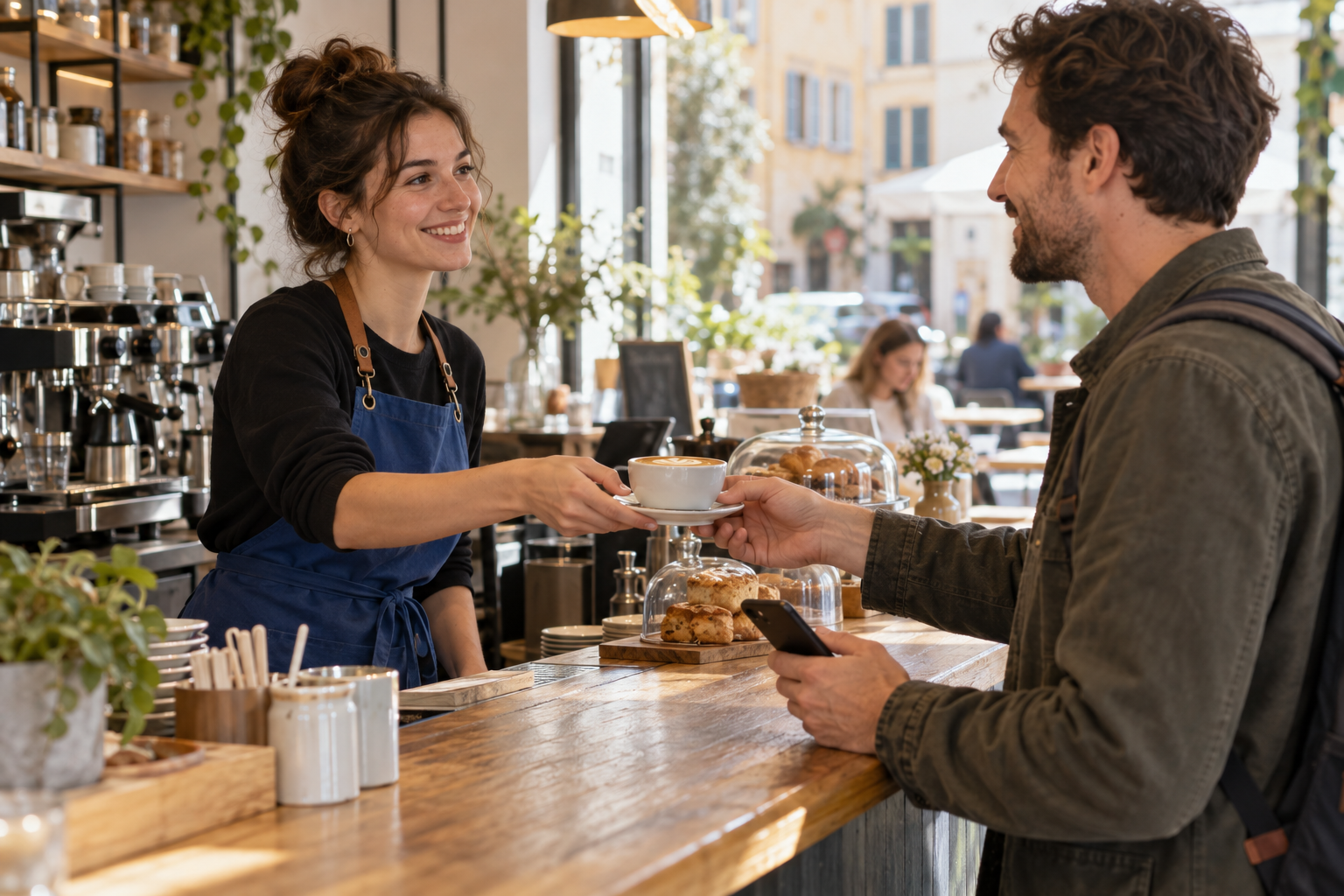 Kurgusal kafede müdavimine kahve sunan barista